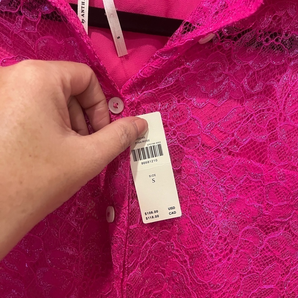 Anthropology NWT metallic lace hot pink button down, small - Picture 6 of 7